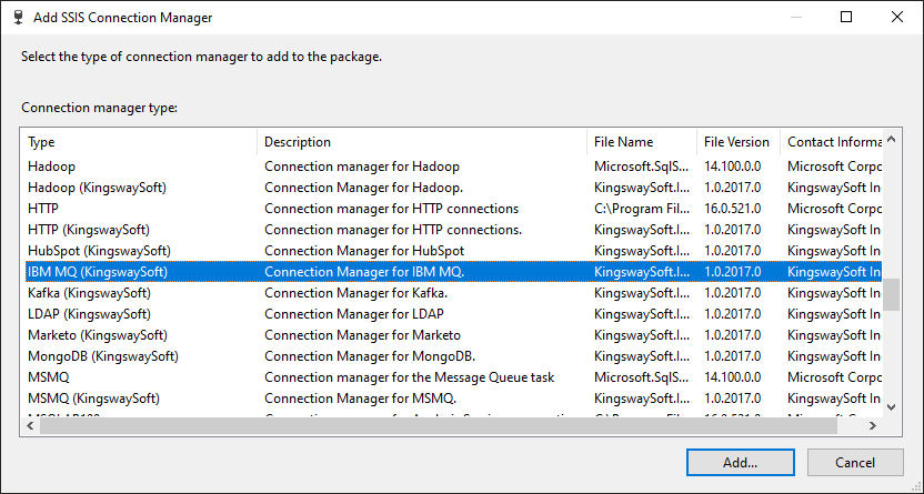 add SSIS IBM MQ connection manager